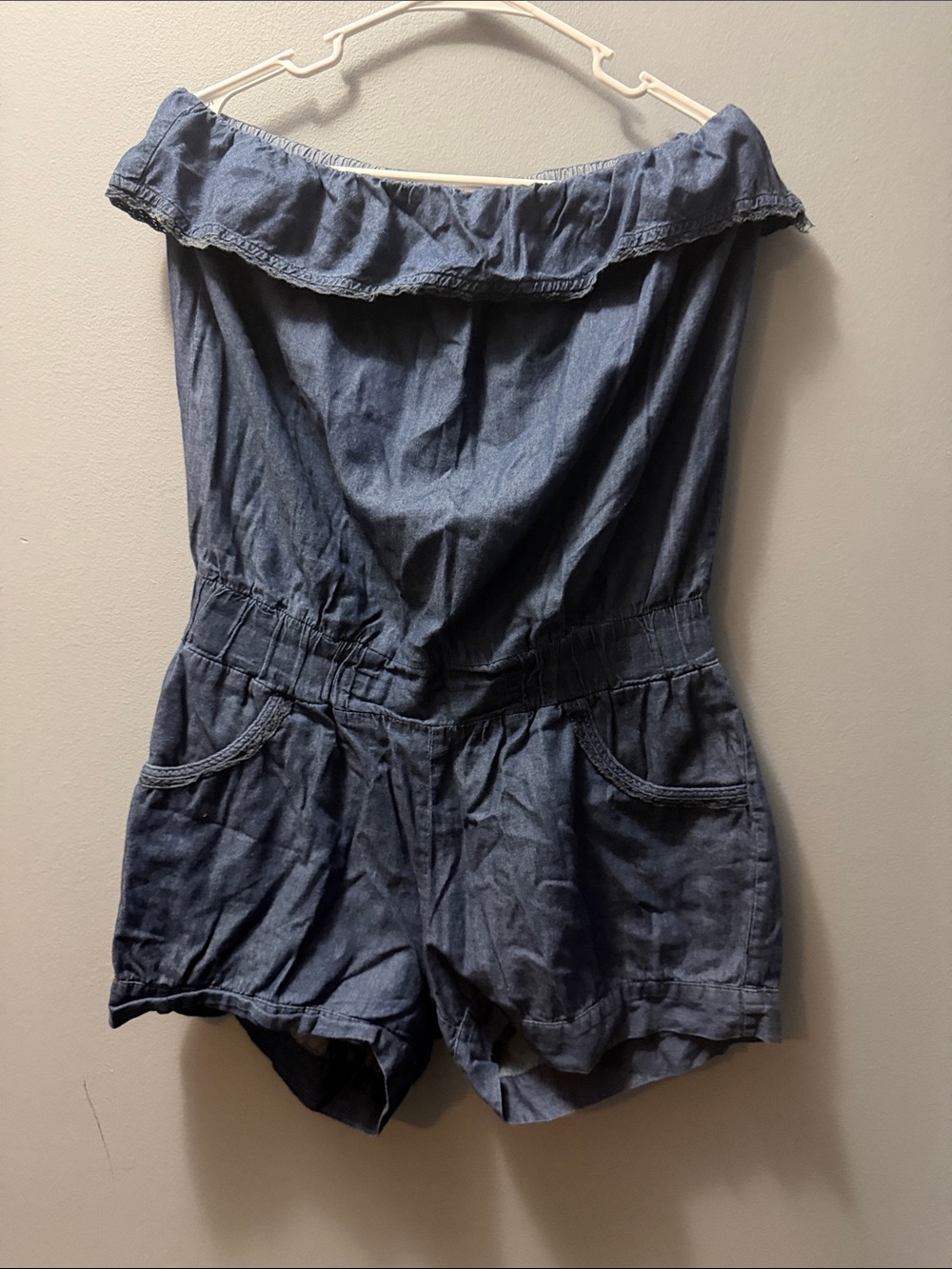 26 International Off-Shoulder Denim-Look High Waist Shorts Romper - Blue
